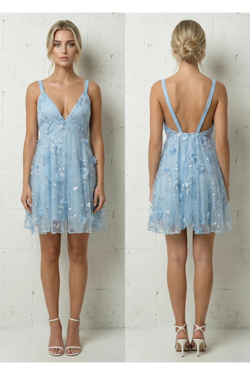 Cinderella hímzett világoskék alkalmi ruha 3D díszítéssel