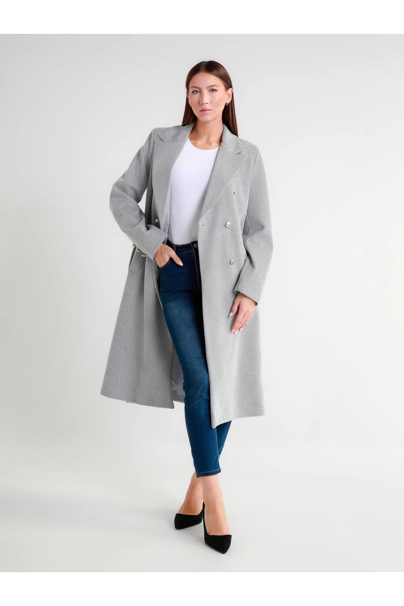 Szürke hosszú női szövetkabát övvel